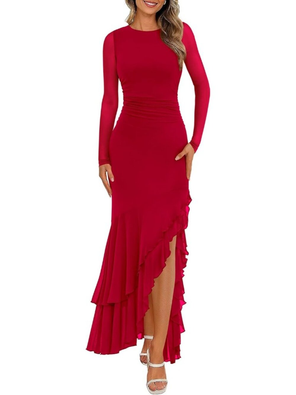 Women's Red Long Sleeve Bodycon Ruched Wedding Guest Maxi Prom Party Dresses
